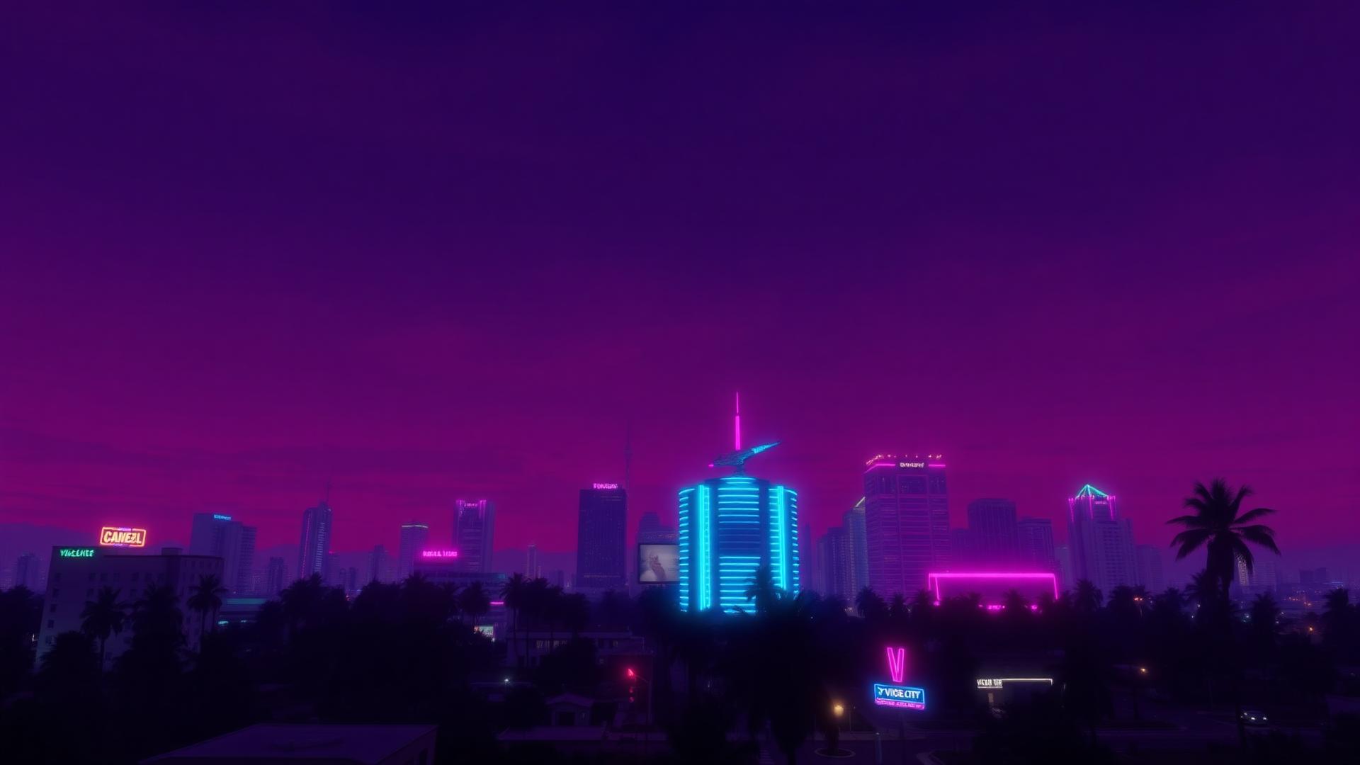 Vice City neon skyline at dusk